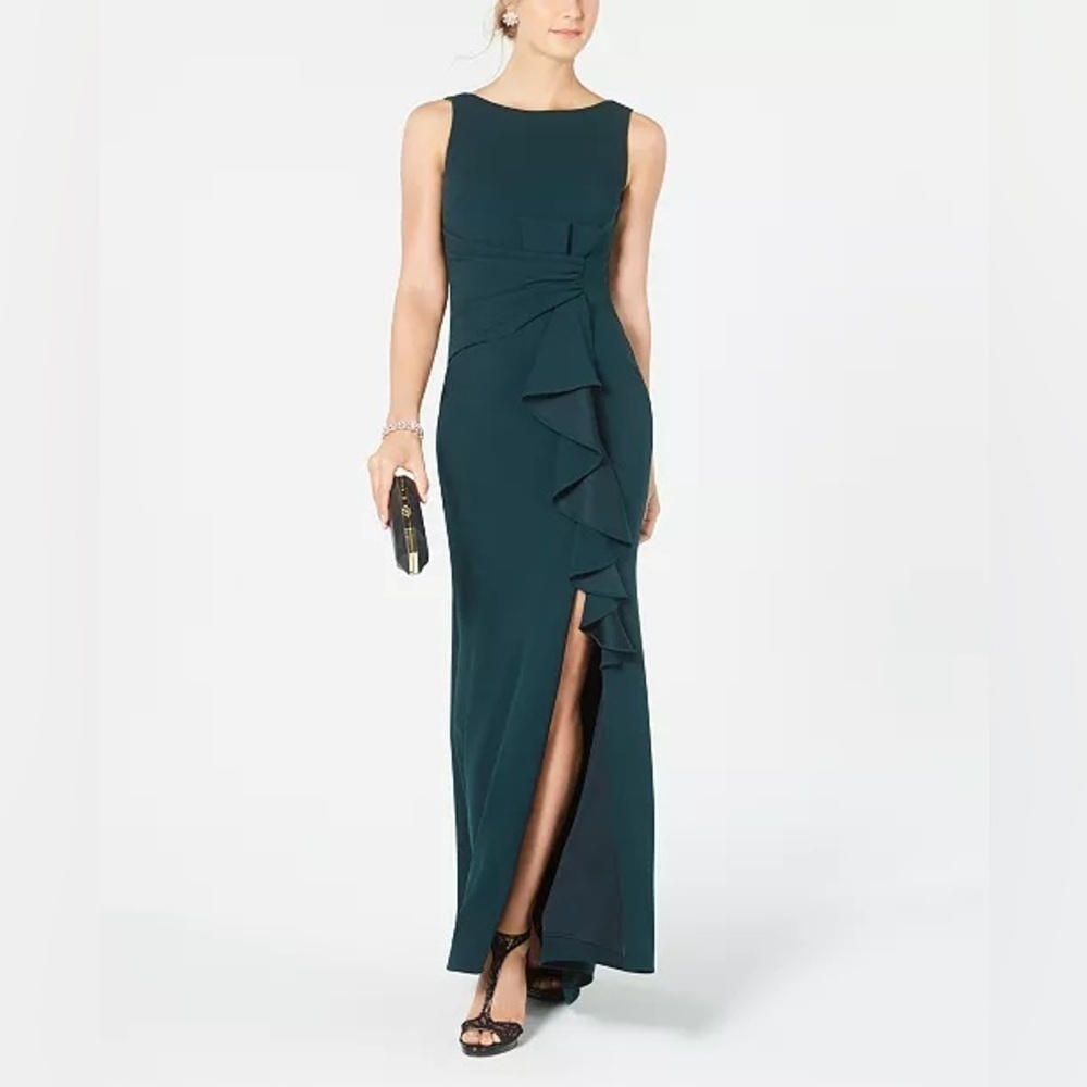 Betsy & Adam Pine Green Sleeveless Ruffle Detail Gown Maxi Dress sz 14